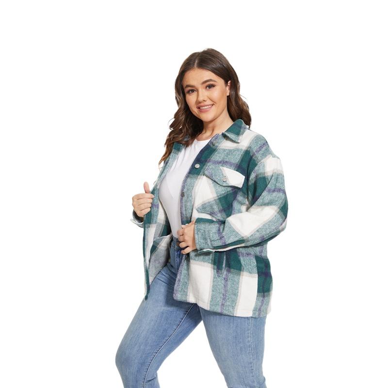 Chaqueta de abrigo a cuadros para mujer, abrigo informal holgado, camisas de lana gruesas de manga larga a la moda para otoño