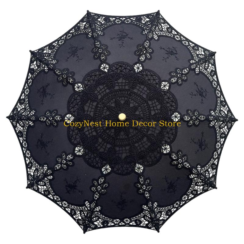 92MF Decorative Handmade Lace Umbrella Wooden Handle Sun Shade For Women Girls Special