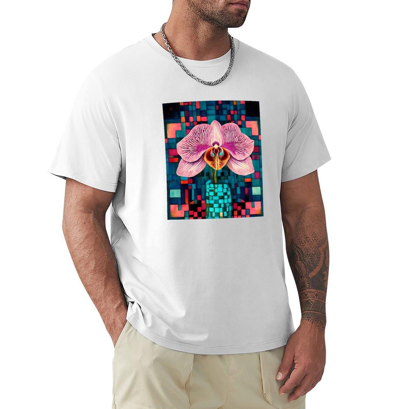 Beautiful Orchid On A Checkerboard Background In Turquoise And Pink Tones Tshirt Casual Loose Daily Wear Tshirt S
