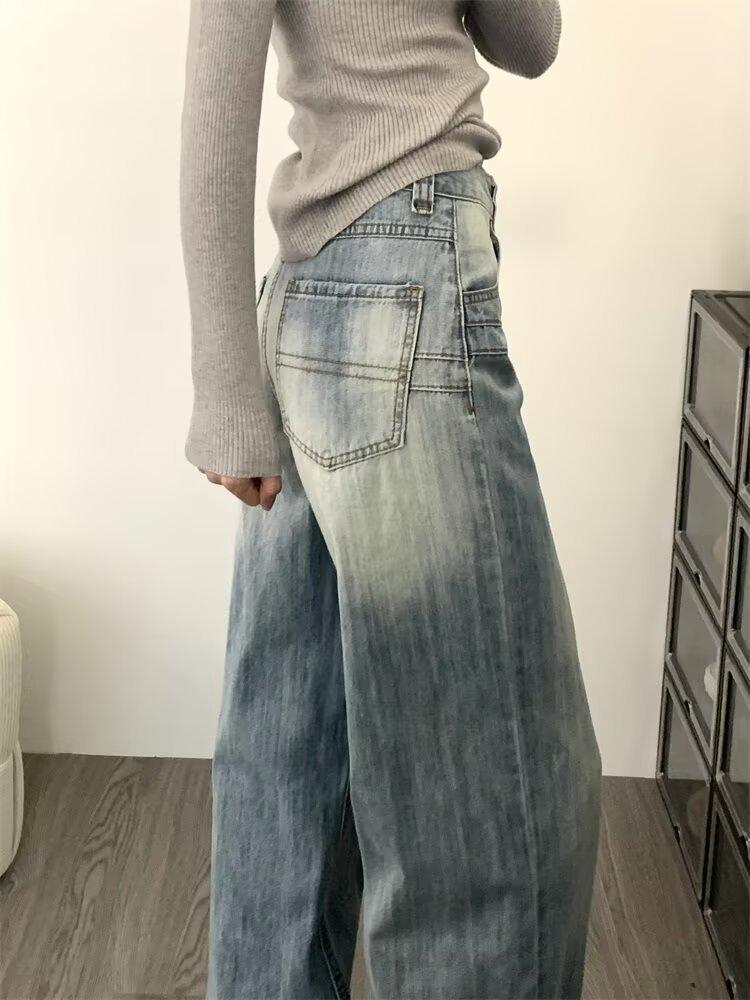 

Синие женские джинсы свободного кроя с прямыми штанинами в стиле ретро, с эффектом варки - Универсальные брюки с широкими штанинами для осени/зимы M светло-синий