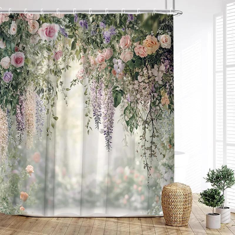 

Ліана Квіткова Шторка для Душу Рожева Квіткова Кантрі Рослина Поліестерова Тканина Завіса для Ванної Кімнати Гачок для Домашньої Декорації W180xH180cm