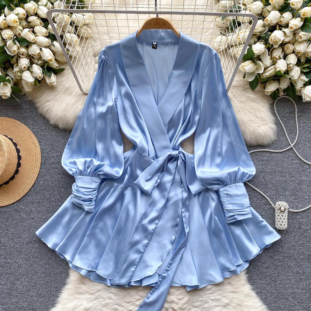 V Neck Puff Sleeve Satin Lace-up Solid Color Dresses for Women French Chic Pleated Dress Spring Women Dresses