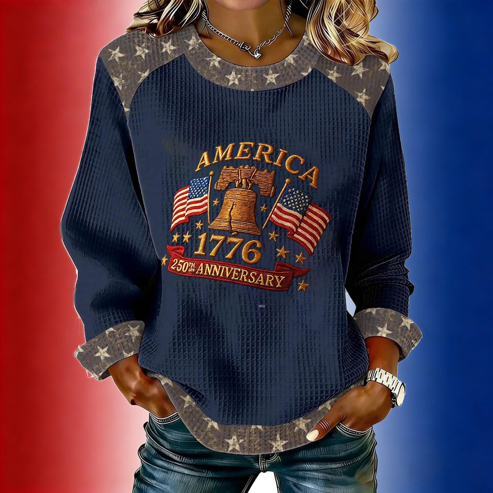 

Women s long-sleeved fashionable casual everyday Independence Day printed top S