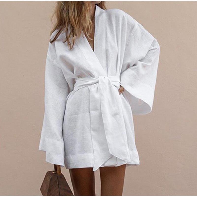 Women's Lace Up Mini Dress Spring Long Sleeve V-neck Cotton Linen Sashes Dresses Casual Loose Kimono Cardigan Dress 2026