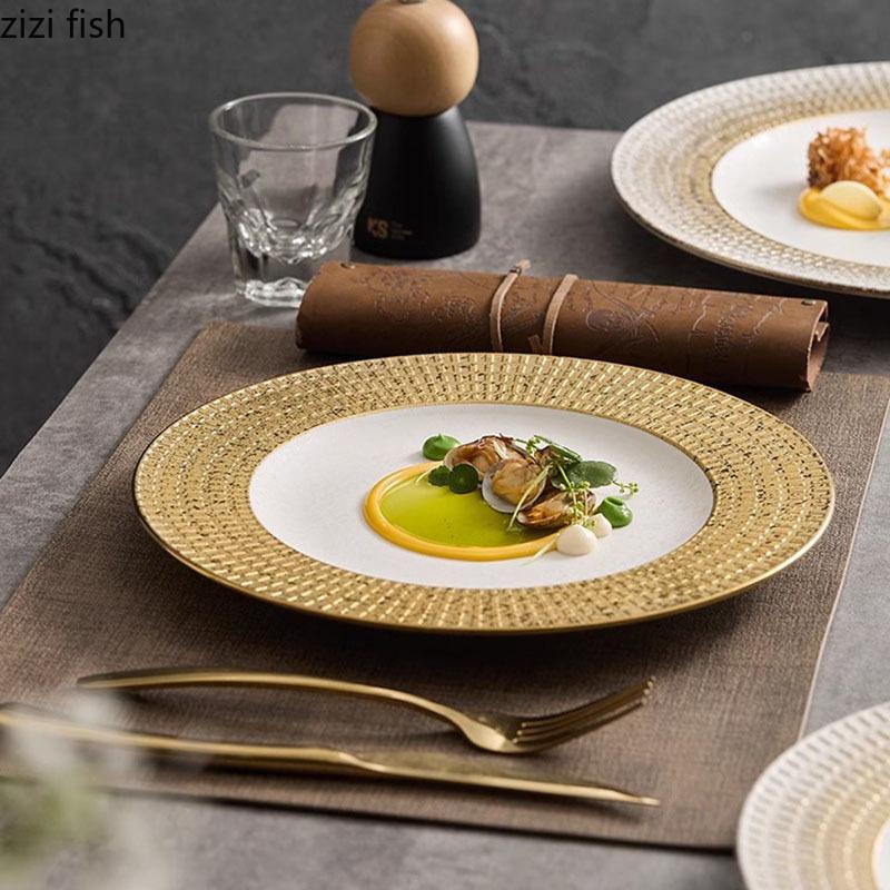Relief Textured Ceramic Shallow Plate White Gold Steak Plate Pasta Plate Dessert Dish Snack Plates Hotel Creative Tableware