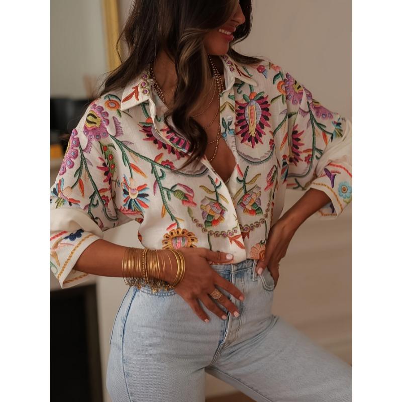 

2026 Floral Print Loose Fit Shirt Long Sleeve Women Spring Casual Blouse Sweet Boho Top Button Vintage Turndown Collar Shirts S абрикосовый