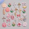 Romantic Sweet Charm Hot Pink Color Enamel Cross Rose Tulip Bow Stainless Steel Charms For Jewelry Making Supplies Plant Pendant