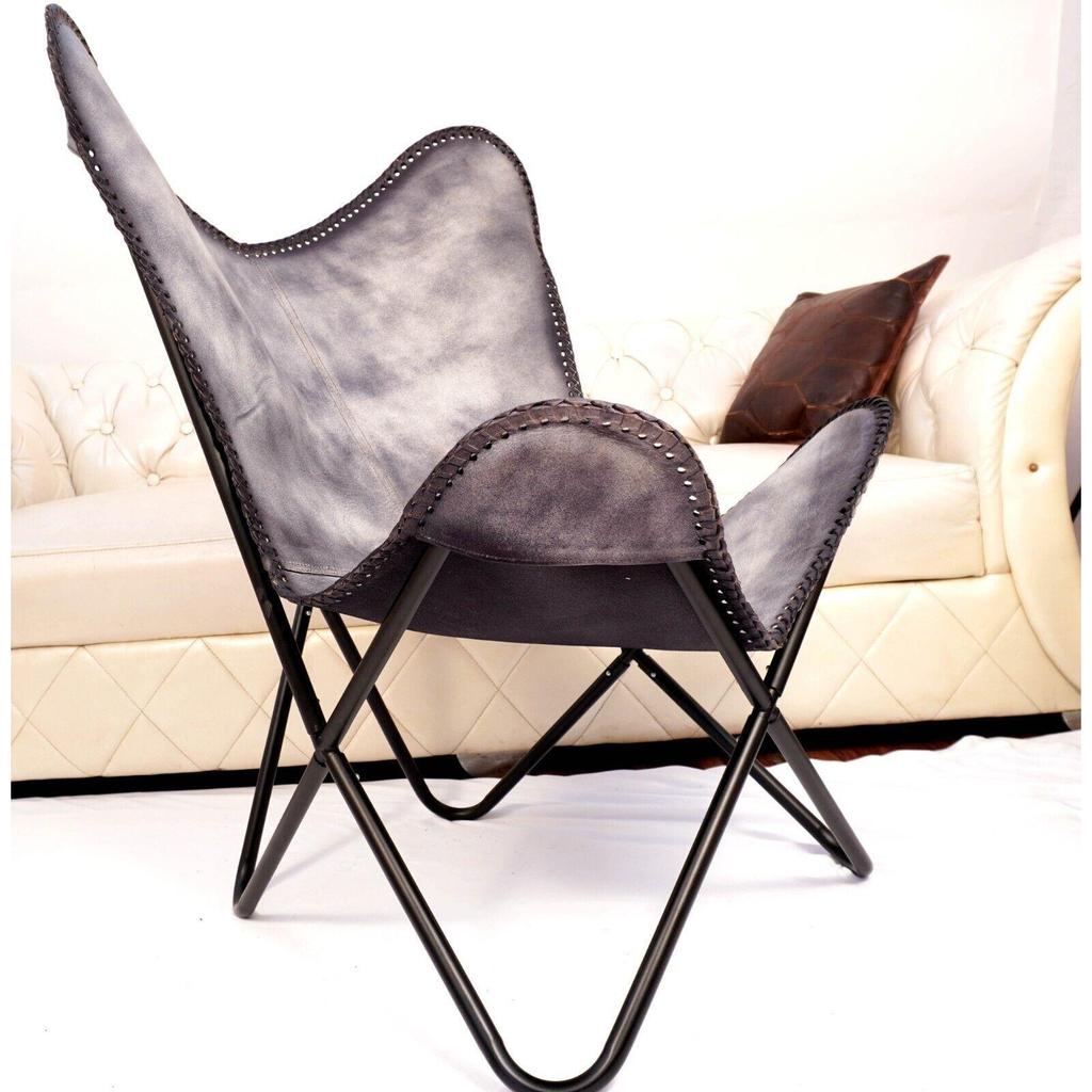 Ručně vyráběné kožené křeslo s motýlem, šedé kožené křeslo, relaxační křeslo