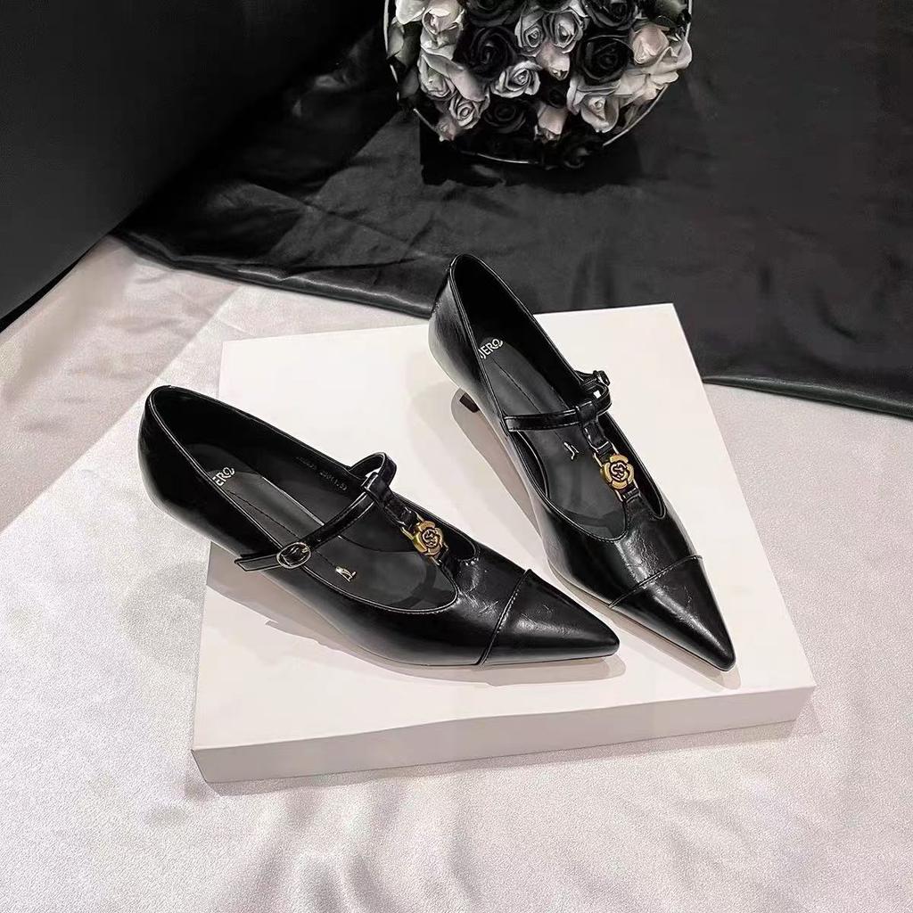 French Low-heeled Pointed Single Shoes for Women's 2025 Spring New Soft Leather Flats with One-word Strap Skirt Mary Jane