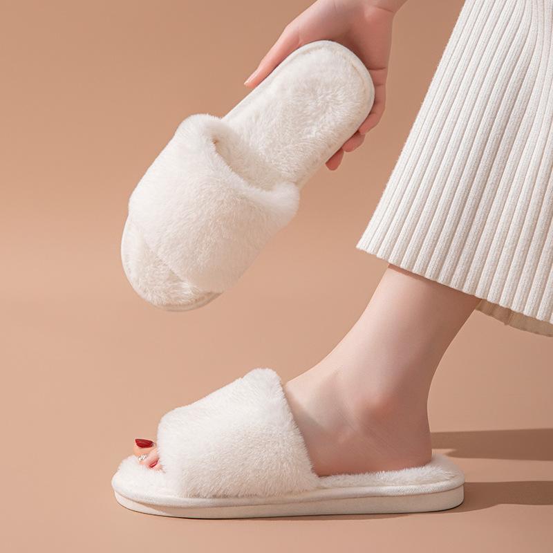 Womens Plush Slippers Open Toe Fluffy House Shoes Winter Warm Cozy Home Footwear Soft Faux Fur Indoor Slides