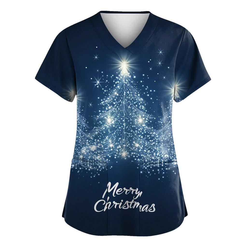 Women's Scrubs Medical Uniform, Festive Snowflake Christmas Tree Print Pattern, High-Quality, Easy To Clean, Quick Drying Clothi