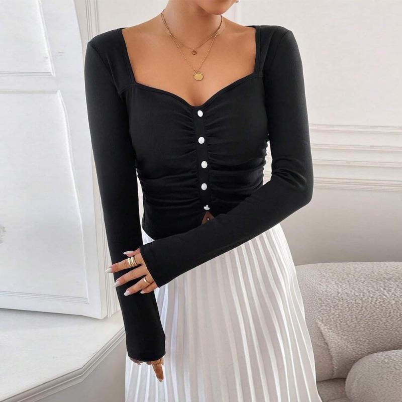 Women s Sweetheart Neck Ruched Button Front Crop Long Sleeve Ribbed Knit Top S чёрный