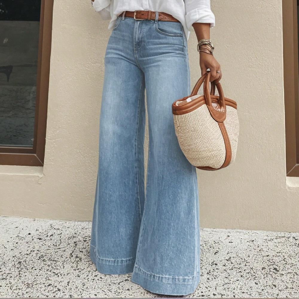 Women Vintage Denim Jeans Ladies Casual Wide Leg Straight Pants Full Length Long Pant