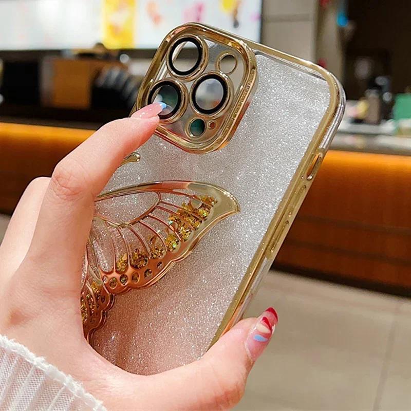 3D Butterfly Glitter Phone Case For iPhone 16 15 14 Plus 13 12 11 Pro Max Electroplated Silicone Soft TPU Shockproof Back Cover
