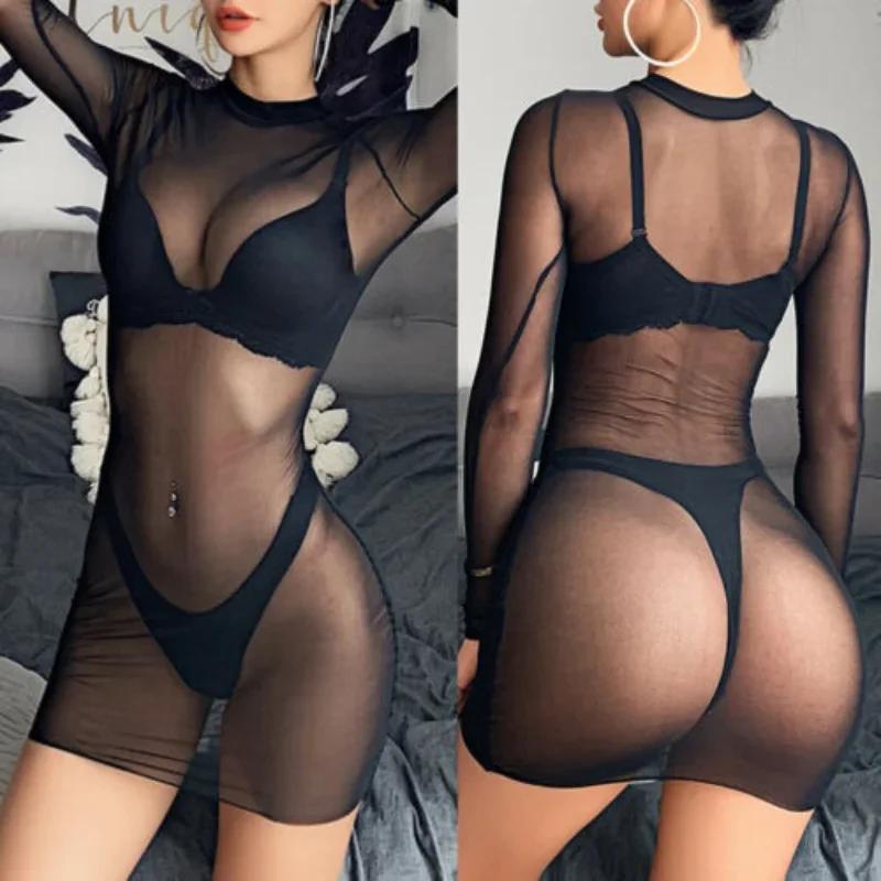Ladies Sexy Net Gauze Transparent Dress Women's Long-sleeved Cropped Top Feminine Dress Mini Dress Thin Black Dress