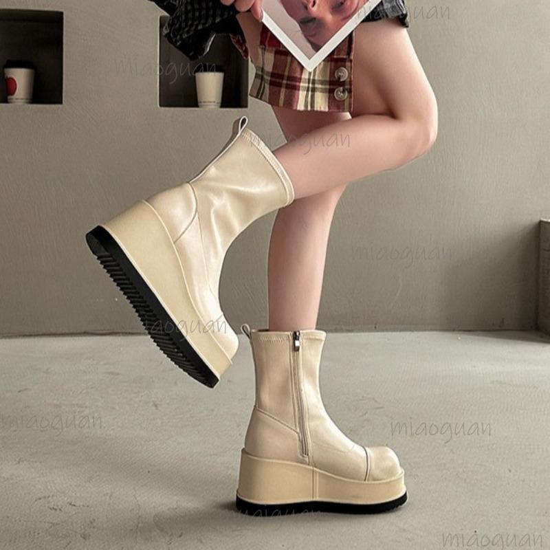 Módní dámské kotníkové boty s platformou a kulatou špičkou Korejský styl Černé Béžové Kožené Boční Zip Platforma Botas Mujer 35