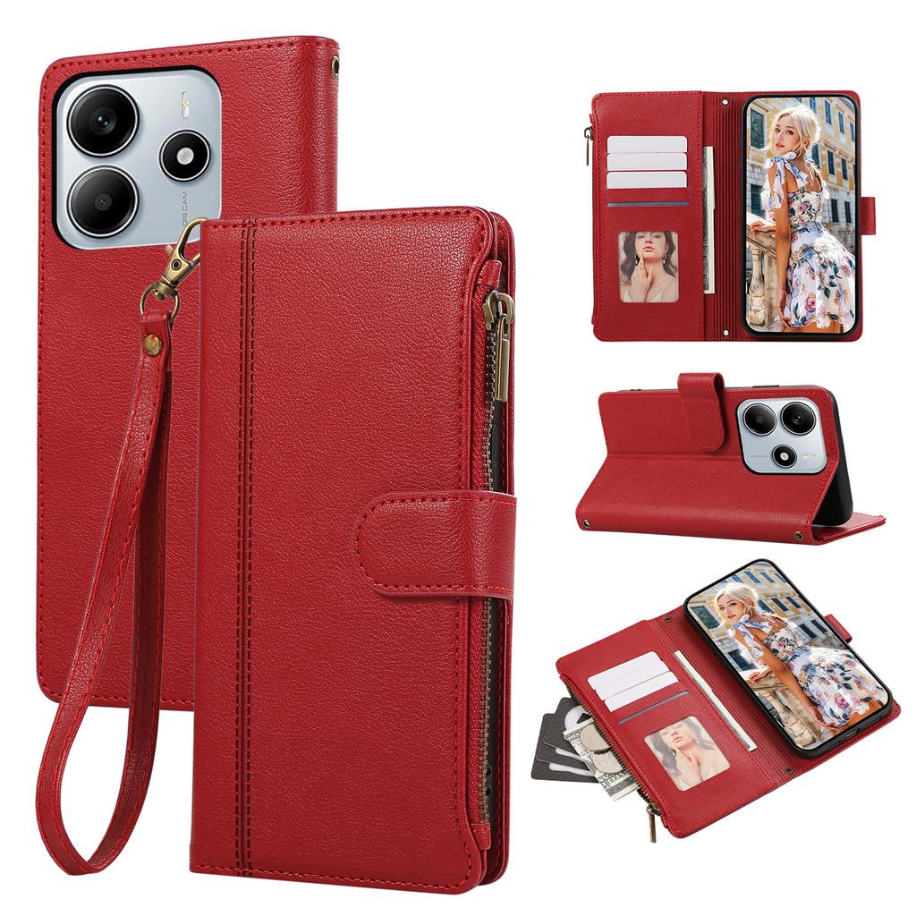 Για Xiaomi Redmi Σημείωση 14 4G (164,84 χιλιοστά) Θήκη με Πολλαπλές Θήκες Καρτών, Φερμουάρ, Δερμάτινη Θήκη Τηλεφώνου με Λουράκι Καρπού