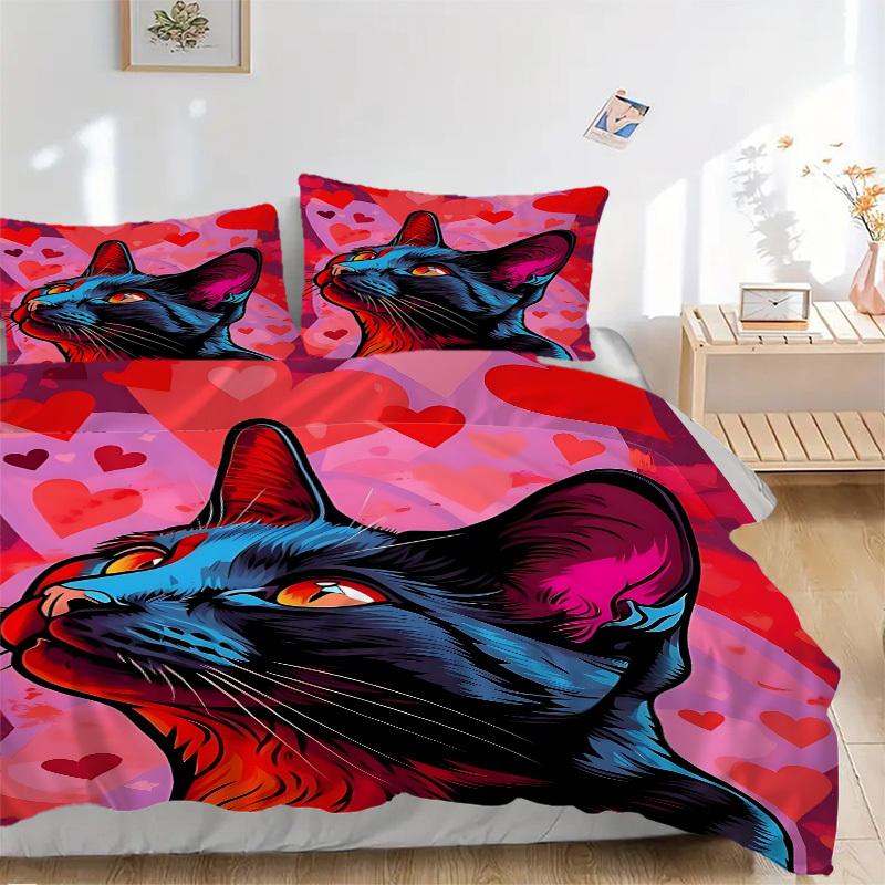 3pcs Cat Art Print Duvet Cover Set, Cover For Bedroom Guest Room (1 Duvet Cover + 2 Pillowcase, Without Quilt),  Yy250922121