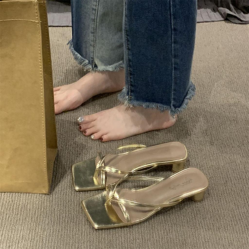 French Flip-flops Outer Women's Shoes Spring and Summer 2025 New Thick Heel Square Toe Silver Sandals