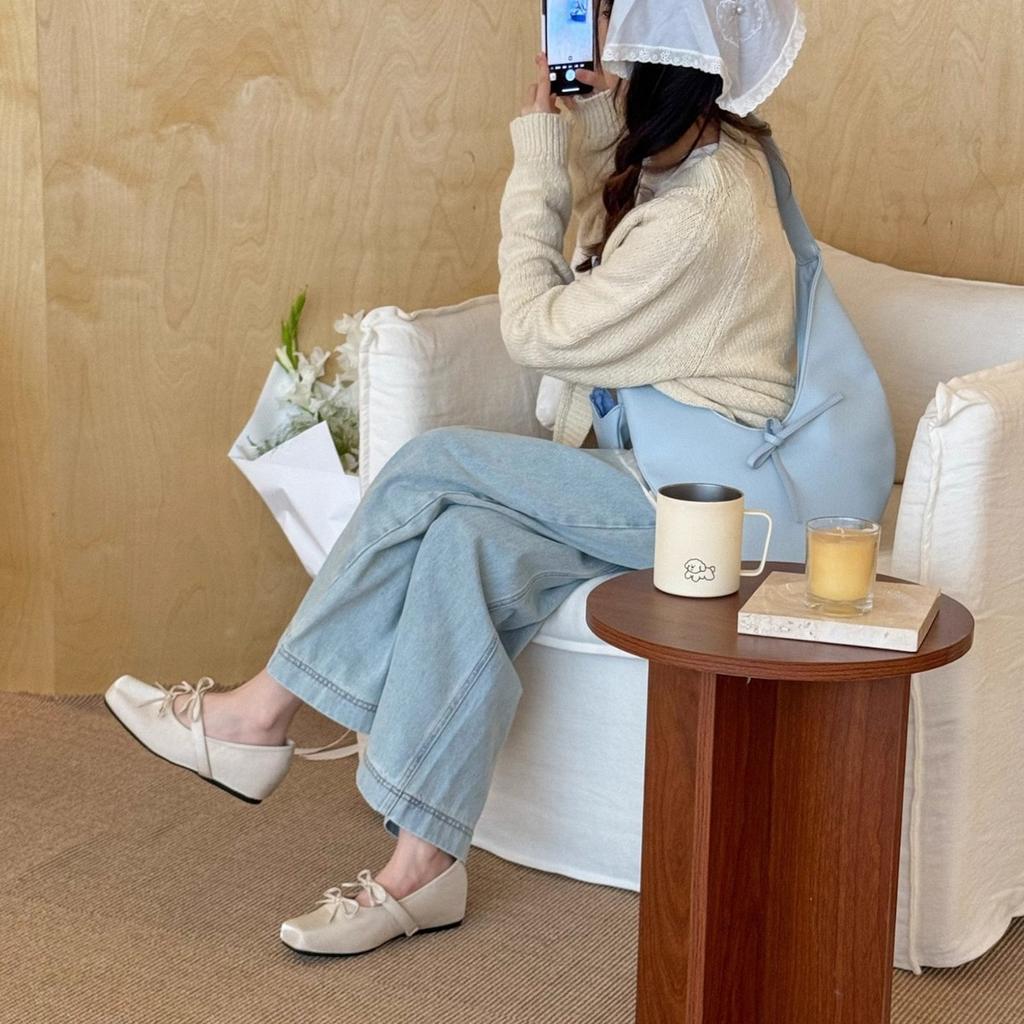 "Cream Cherry Blossom Powder" Girly Bow Inner Height Increase Single Shoes Women's Shallow Mouth Versatile Casual Mary Jane Shoes