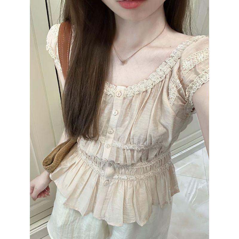 

Kumikumi Sweet Style French style Lace Short sleeve Shirts Women clothes Summer Age-Reducing Chic Single-Breasted Chic Top Pink L