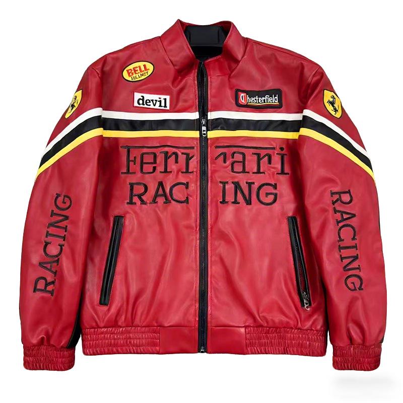F1 Rennanzug Bestickte Lederjacke - Harley Retro Motorradstil, Baumwoll-Fahranzug, PU-Jacke
