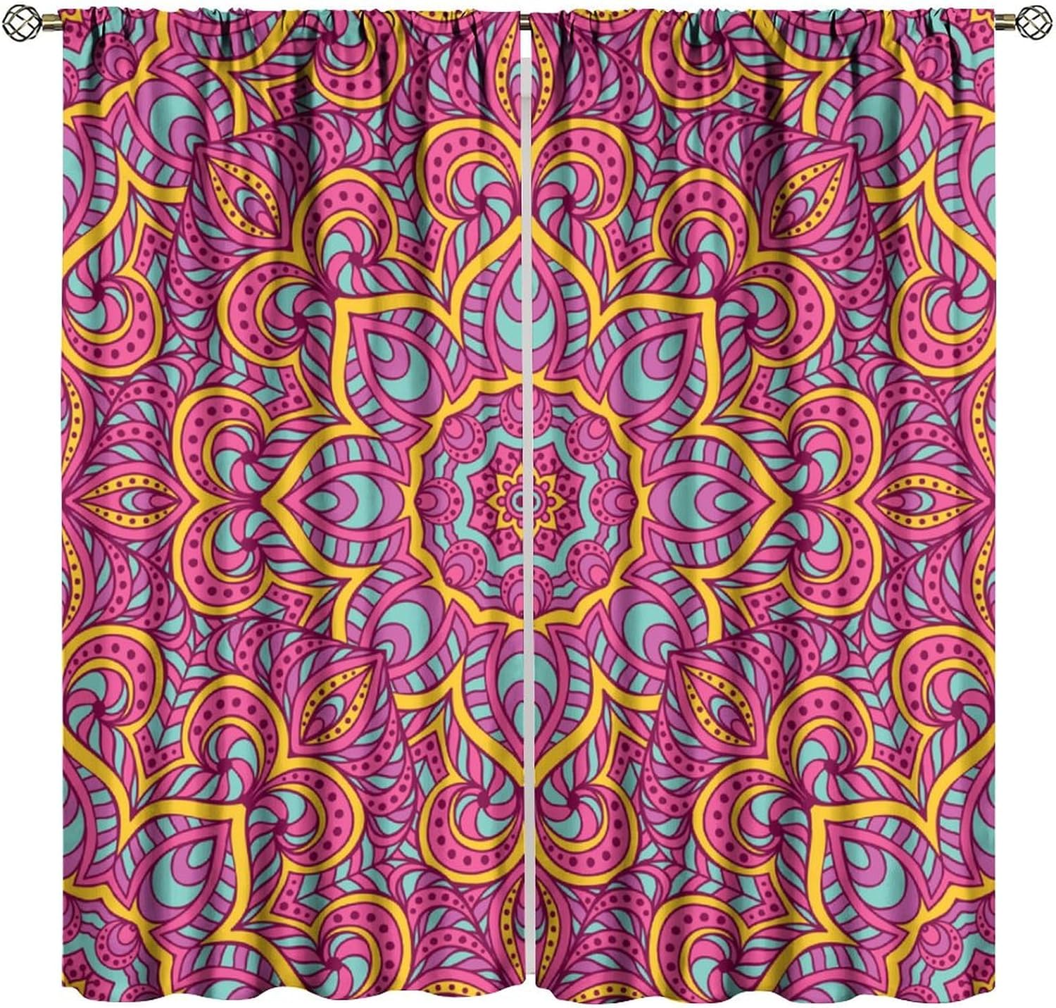 Colorful Mandala Window Curta, Boho Hippie Floral Print Drapes, Psychedeelic Rainbow Pattern For Bedroom Living Room Bohemian 53x116CM-2PC