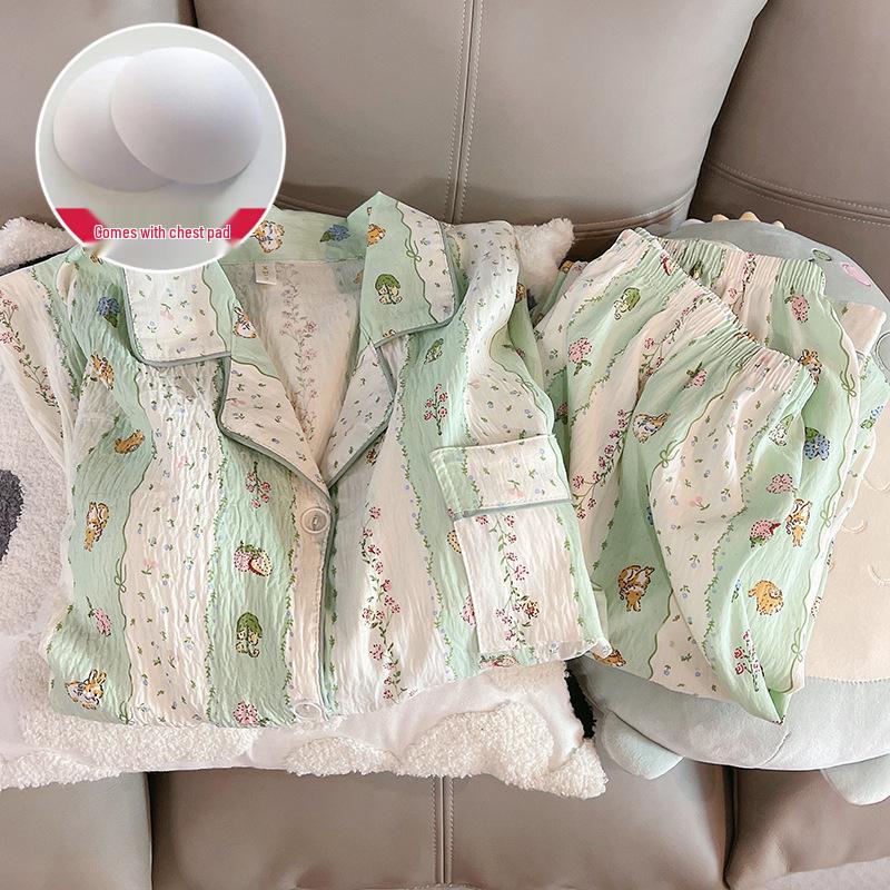 Damen Cartoon Pyjama-Set aus Wolkenbaumwolle mit Brustpolster - Langarm-Cardigan und Revers für Frühling und Herbst