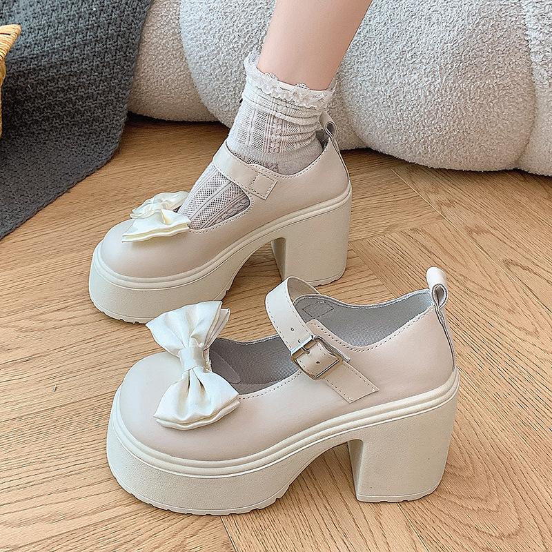 

2025 summer new bow thick heel British style small leather shoes platform temperament fashion round head Mary Jane single shoes 35