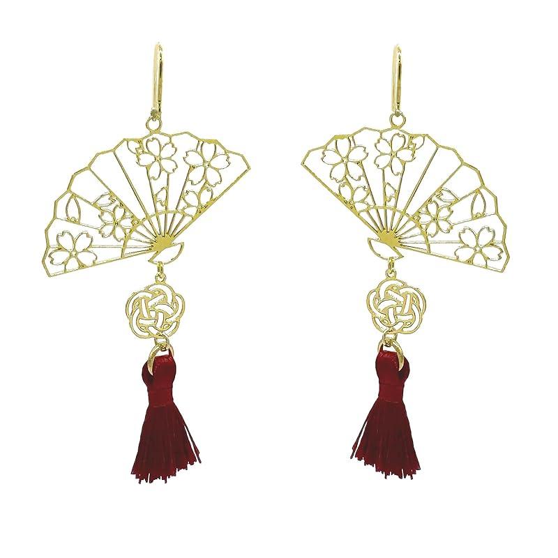 

[Jewelry Shop M] ladies earrings hook Japanese pattern cherry blossoms accessories Compatible with metal allergies made in Japan Mizuhiki tassel gold