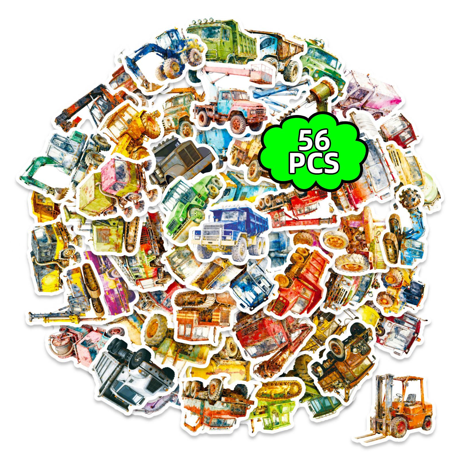 

New 56 Children S Fun Construction Vehicle Watercolor Stickers, Excavator Forklift Mechanical Elements Hand Account Diy Boy Fun Stickers