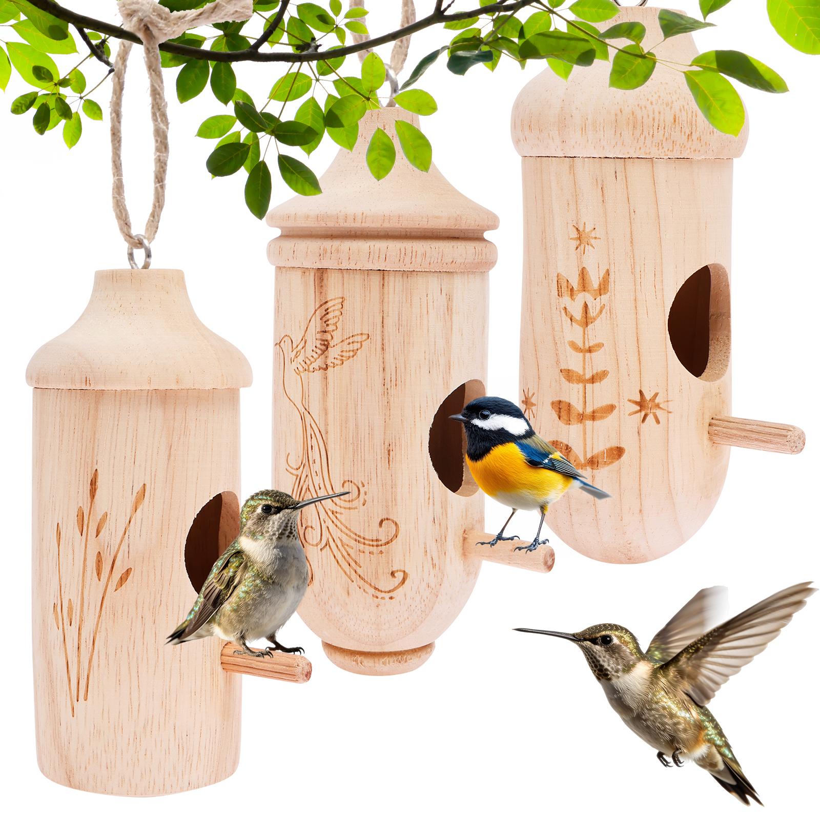 3Pcs Hummingbird House for Outside Hanging Wooden Bird House Hummingbird Feeder Gardening Yard Decoration