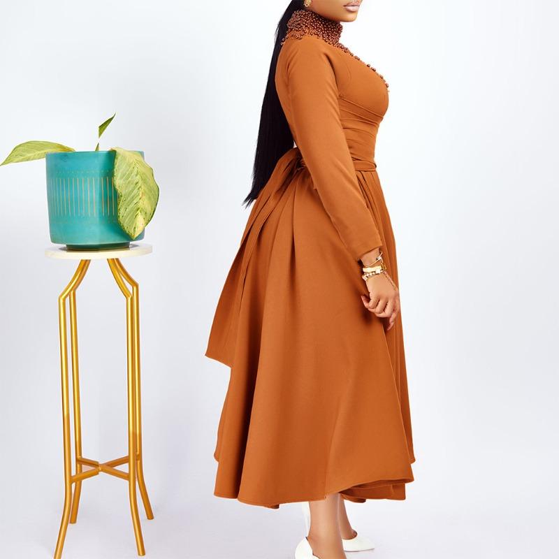 YYFS Women's Fashion Spring Fall Solid Color Print Long Sleeve O-Neck High Waist Casual Dresses