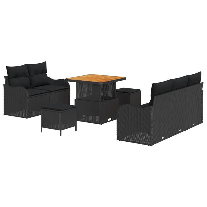 Ensemble de Canapé de Jardin 8 Pièces avec Coussins Noir Poly Rotin Acacia, Canapé de Jardin 2 Places avec Rangement 3364154