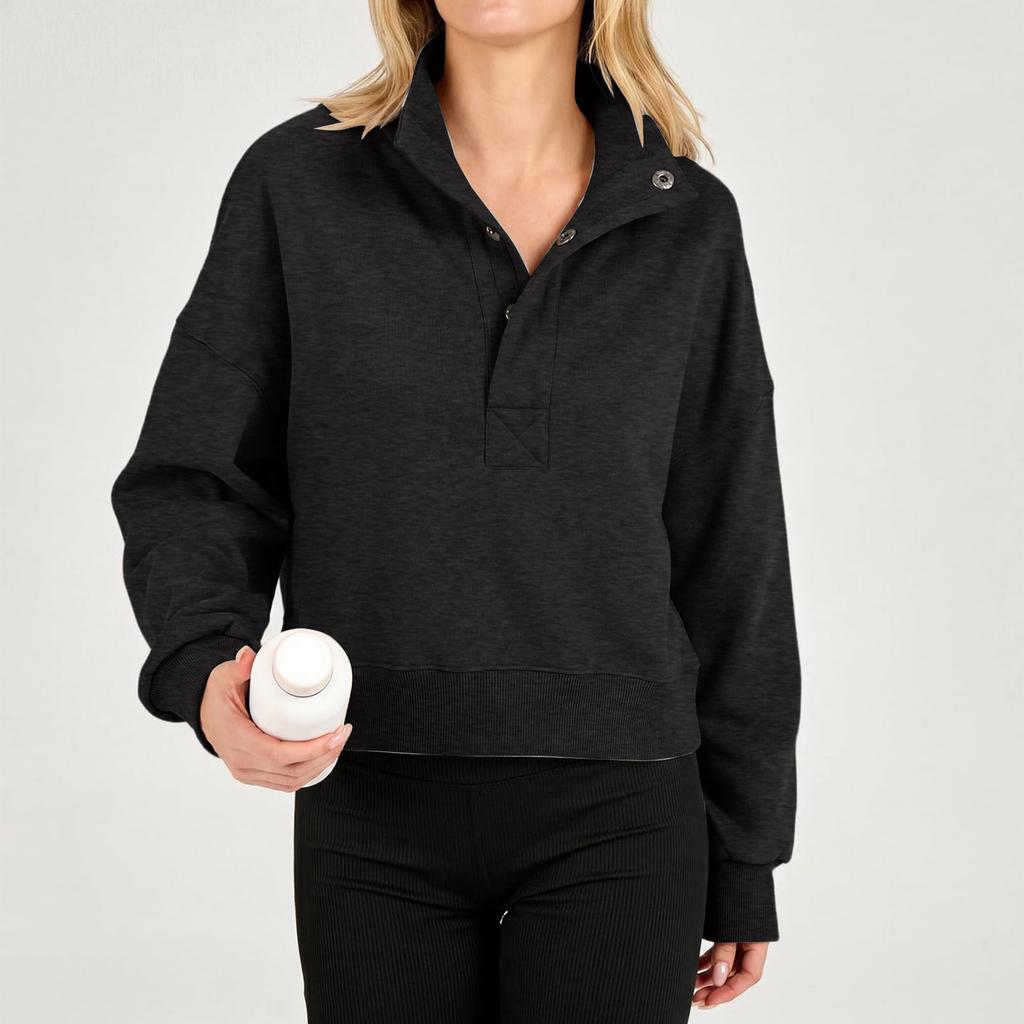 Women's Casual Loose Fit Long Sleeve Sweatshirt with Half Button Placket for Fall Winter