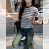 American Retro Striped Front Shoulder Crew Neck Short-sleeved T-shirt Women's Summer New Spice Girl Slim-fit Waist Top