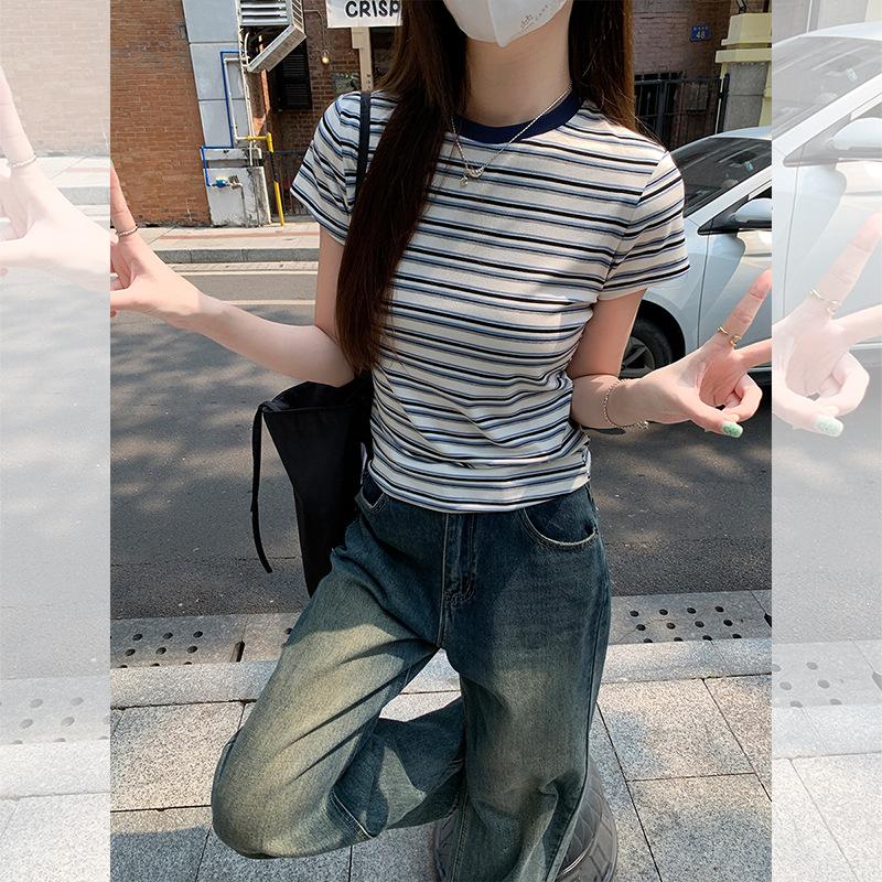 American Retro Striped Front Shoulder Crew Neck Short-sleeved T-shirt Women's Summer New Spice Girl Slim-fit Waist Top
