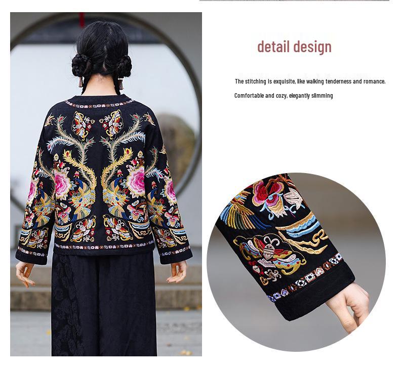 Premium Chinese Ethnic Crackle Pattern Tencel Embroidered Windbreaker for Women - Round Neck Spring/Autumn Coat