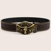 Western Cowboy Leather Belt Men Women Vintage Carved Eagle Bull Head Buckle Wide PU Casual Stylish Accessory