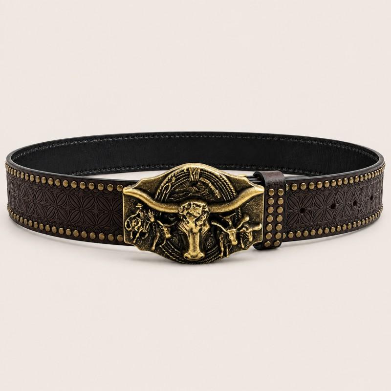 Western Cowboy Leather Belt Men Women Vintage Carved Eagle Bull Head Buckle Wide PU Casual Stylish Accessory