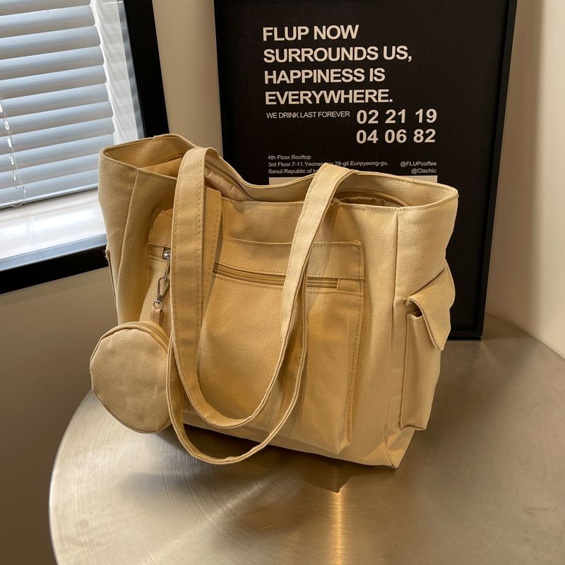 

Double Pocket Work Clothing Japanese Style Students Class Solid Color Canvas Bag Khaki