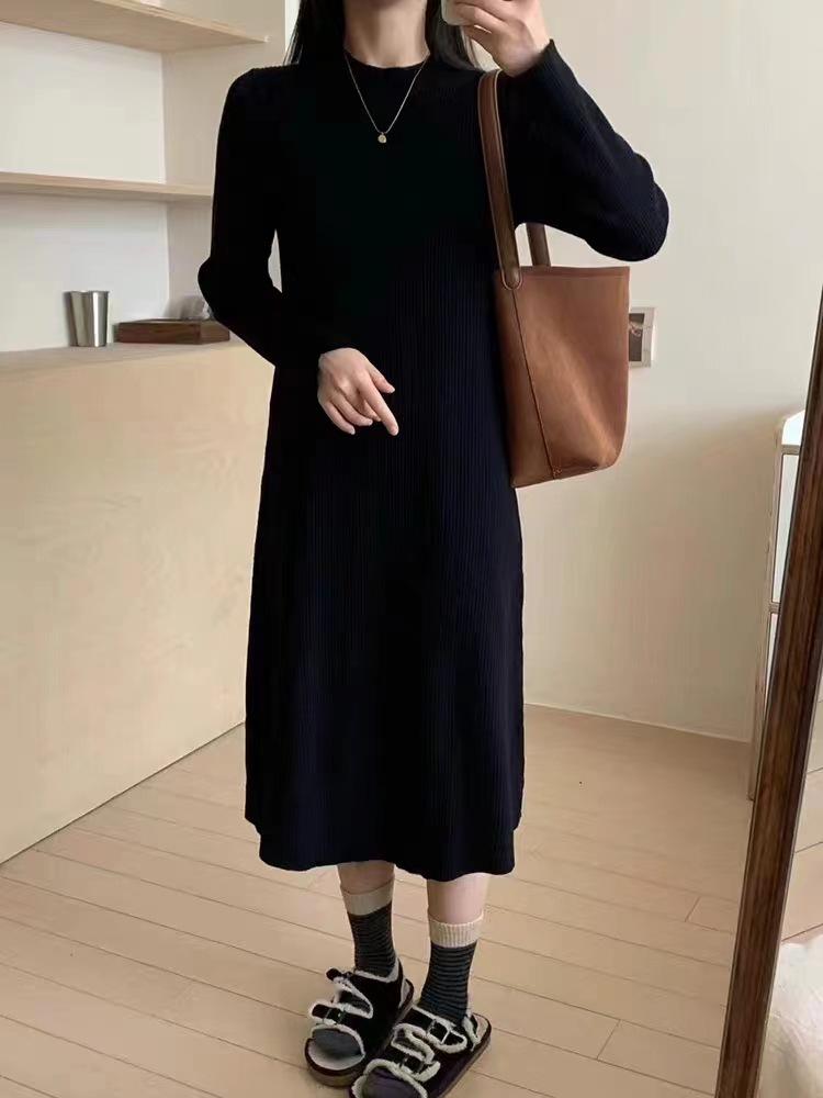 

Осенне-зимнее новое вязаное платье с полувысоким воротником, утолщенное, с длинным рукавом, юбка-основа, длинная юбка, юбка-свитер, премиальная внутренняя посадка average size [80-65kg] чёрный