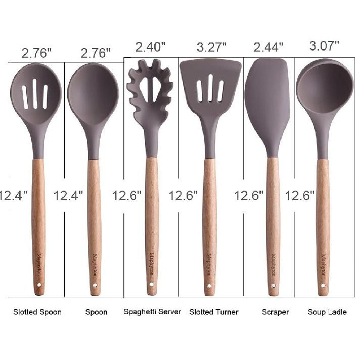 Mapthon Silicone Cooking Kitchen Utensils Set 6 PCS with Wooden Handle for Non-Sticker Cookware Heat-Resistant Kitchen Gadgets Serving Spoons,