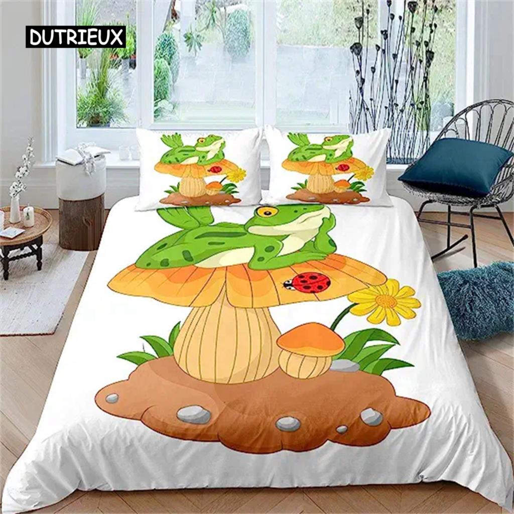 Duvet Cover Cartoon Mushroom Frog Cute Frog Duvet Cover for Kids Boys Girls Natural Wild Fungus Comforter Cover Pink Mushroom