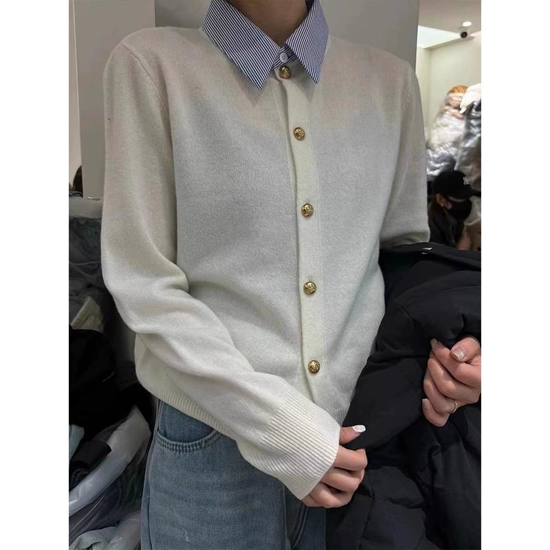 Høst Cardigan Dame Basic Gensere Kåpe Topper Dame Knapper Strikket Ensfarget Hvit T-skjorte