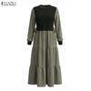 ZANZEA Women Casual Round Neck Long Sleeve Loose Patchwork Long Dress