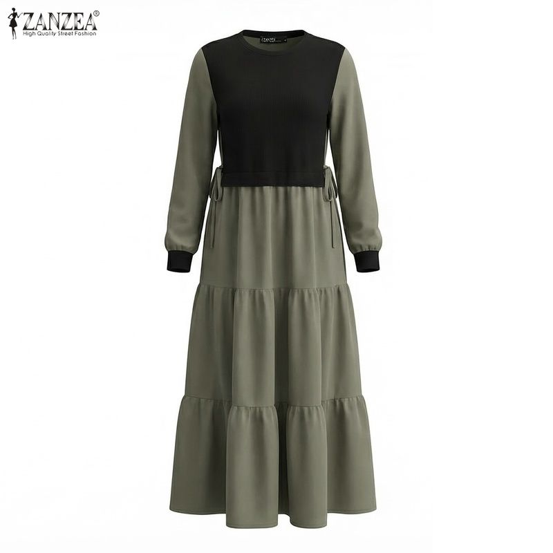 ZANZEA Women Casual Round Neck Long Sleeve Loose Patchwork Long Dress