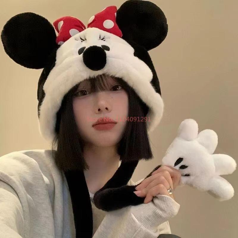 New Cute Winnie The Poo Cap With Velvet Hoodie Mickey And Minnie Mouse Plush Hat Winter Warm Ear Protection Cold Proof Hat Gift