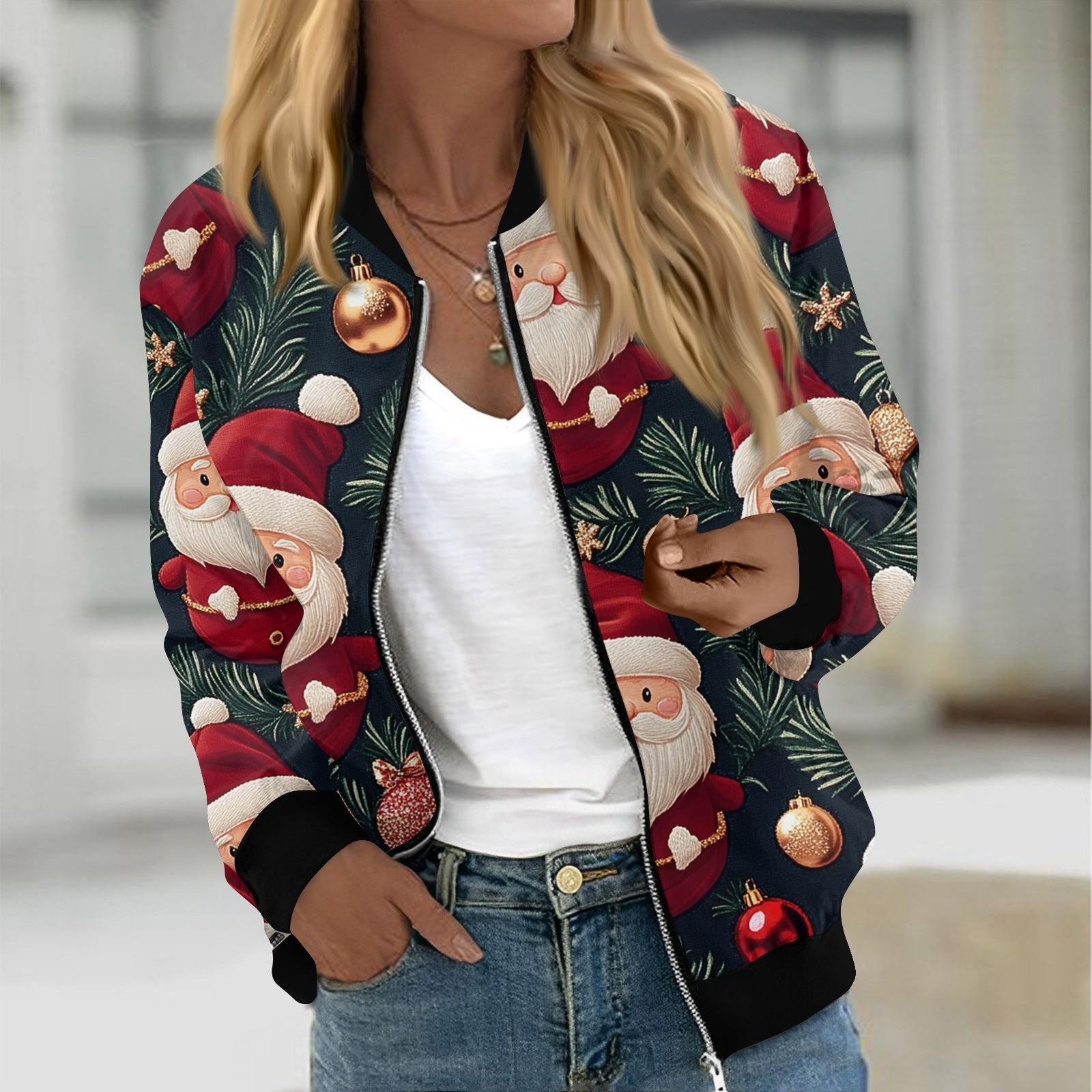 

Куртки женские с длинным рукавом, легкие, на молнии, укороченные, модные, с рождественским принтом, верхняя одежда, повседневные, стеганые куртки с карманами XL красный