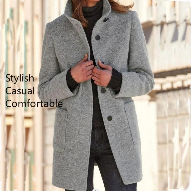 Fashion Autumn Winter Women Casual Jacket Coat Long Sleeve Stand Collar Solid Color Print Outerwear